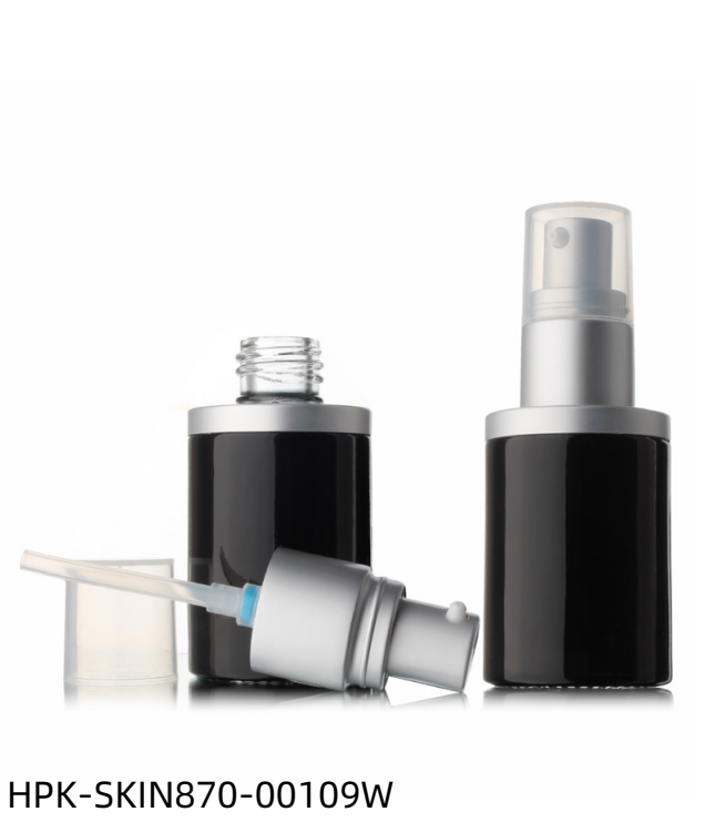 Black Glass Lotion Bottle with Metalized Pump and Shoulder